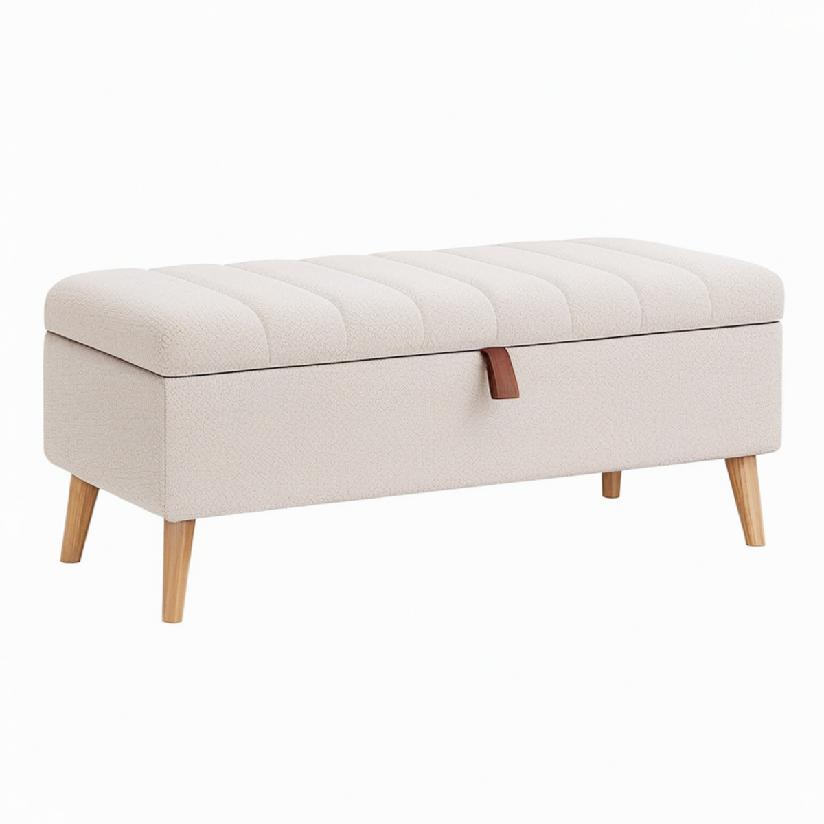 Banc coffre 110 x 45 x 45 cm en tissu bouclette beige avec pieds en bois style scandinave