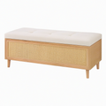 Banc coffre 120 cm en bois naturel et cannage avec assise beige capitonnée