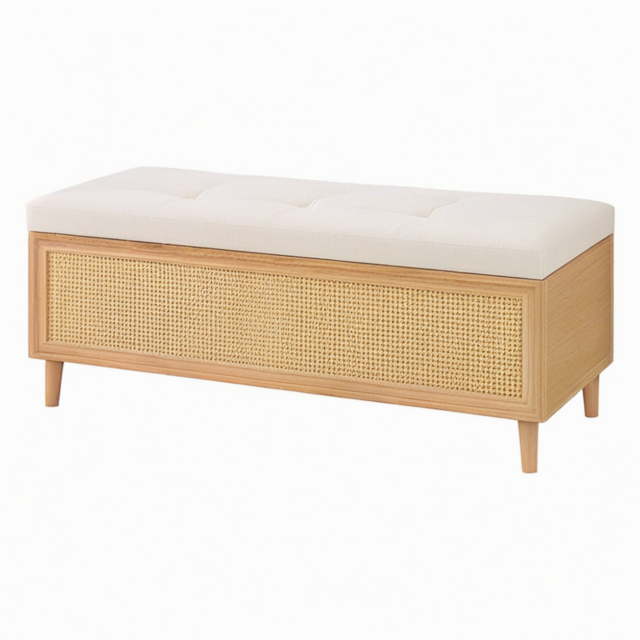 Banc coffre 120 cm en bois naturel et cannage avec assise beige capitonnée