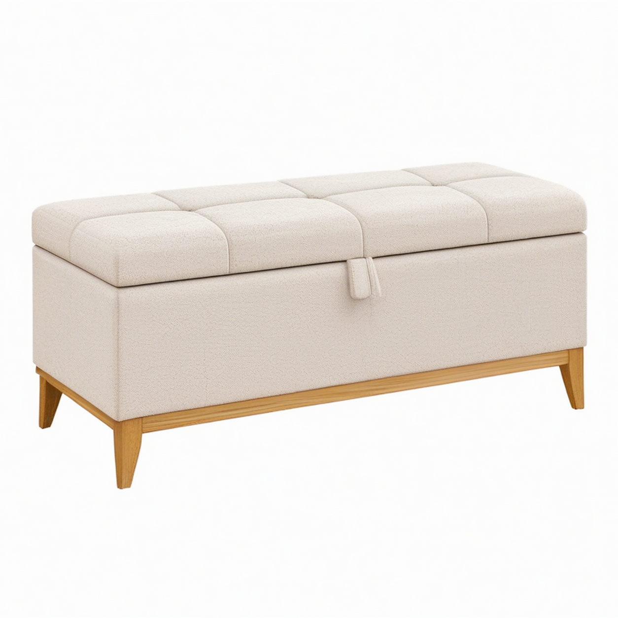 Banc coffre de rangement 110 cm en tissu beige avec pieds en bois style contemporain