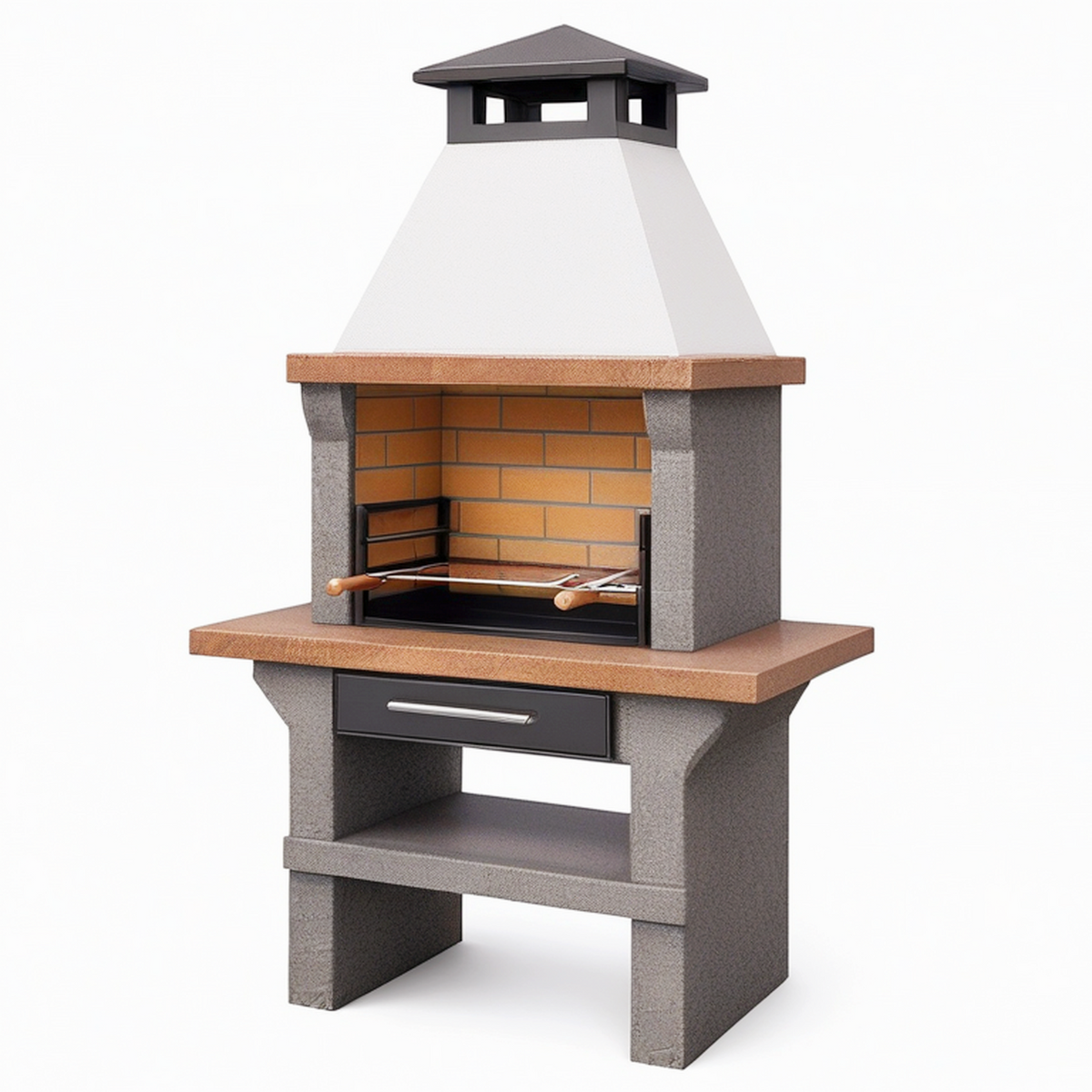 Barbecue de jardin 120 x 80 x 220 cm en pierre réfractaire gris brun avec hotte style traditionnel
