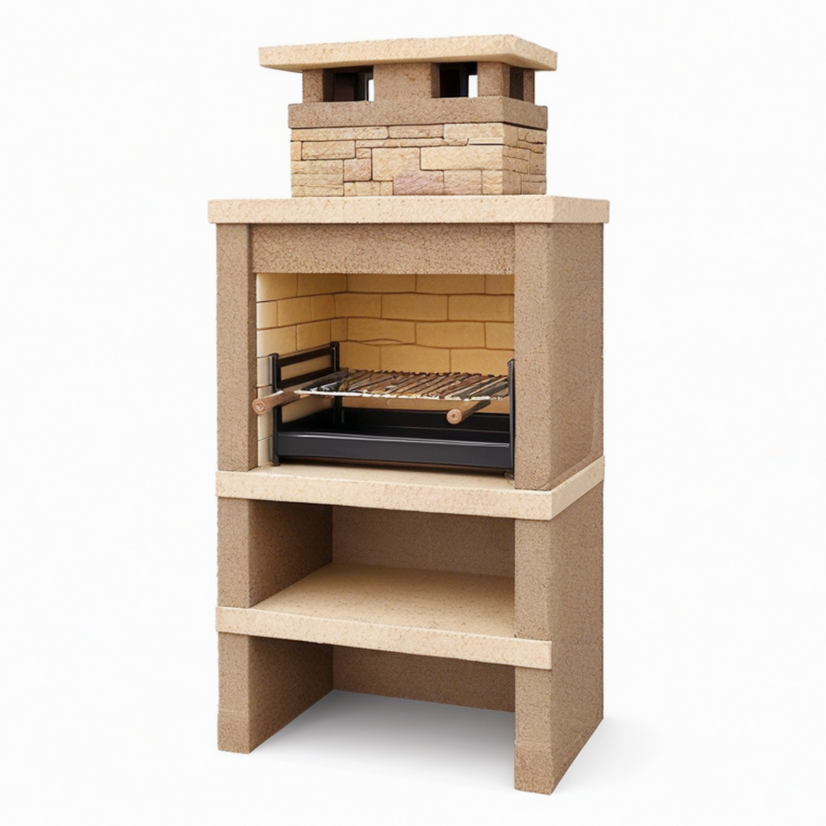 Barbecue fixe 90 x 70 x 210 cm en pierre beige avec cheminée et grille réglable