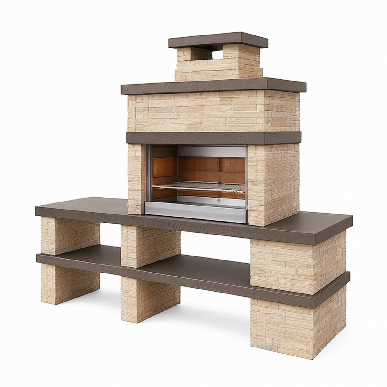 Barbecue de jardin 200 x 70 x 230 cm en pierre beige et acier avec cheminée et rangements