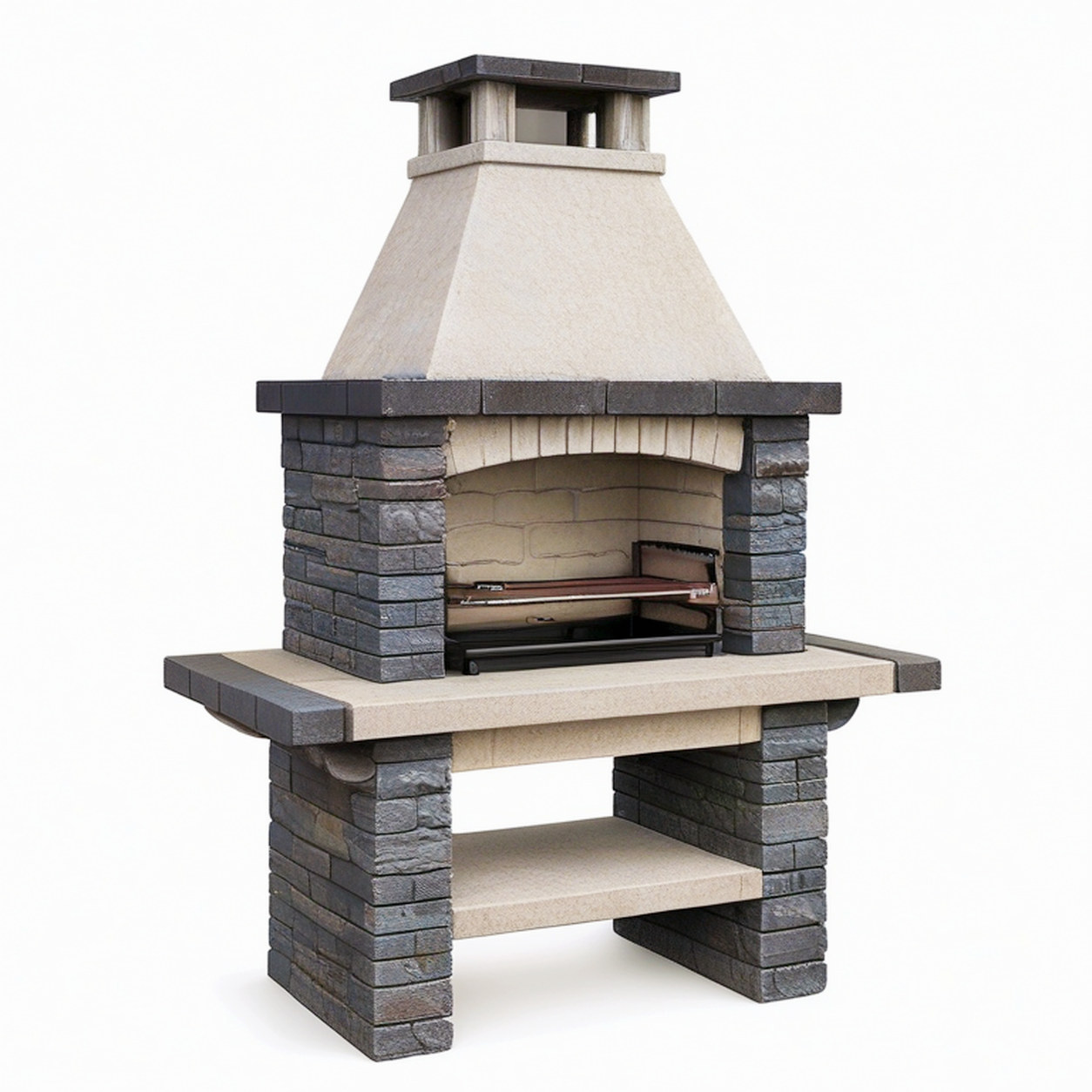 Barbecue de jardin fixe 120 x 70 x 210 cm en béton beige et pierre anthracite avec cheminée et grille