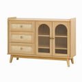 Buffet 120 x 40 x 90 cm en bois naturel et cannage avec portes vitrées style rétro