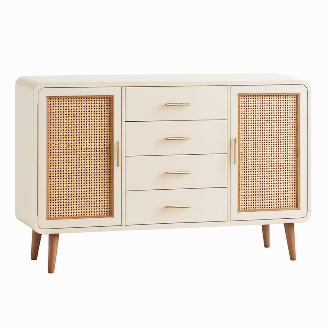 Buffet 160 x 40 x 85 cm en bois beige avec cannage pour rangement style rétro