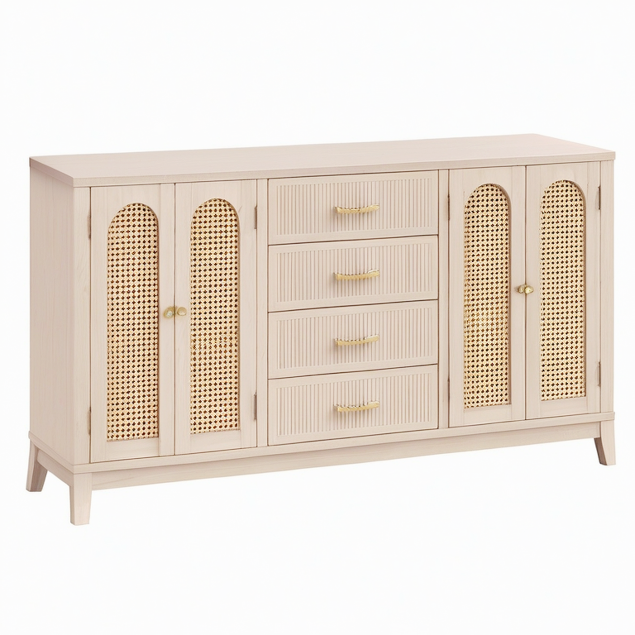 Buffet 160 x 40 x 85 cm en bois clair et cannage pour rangement style bohème