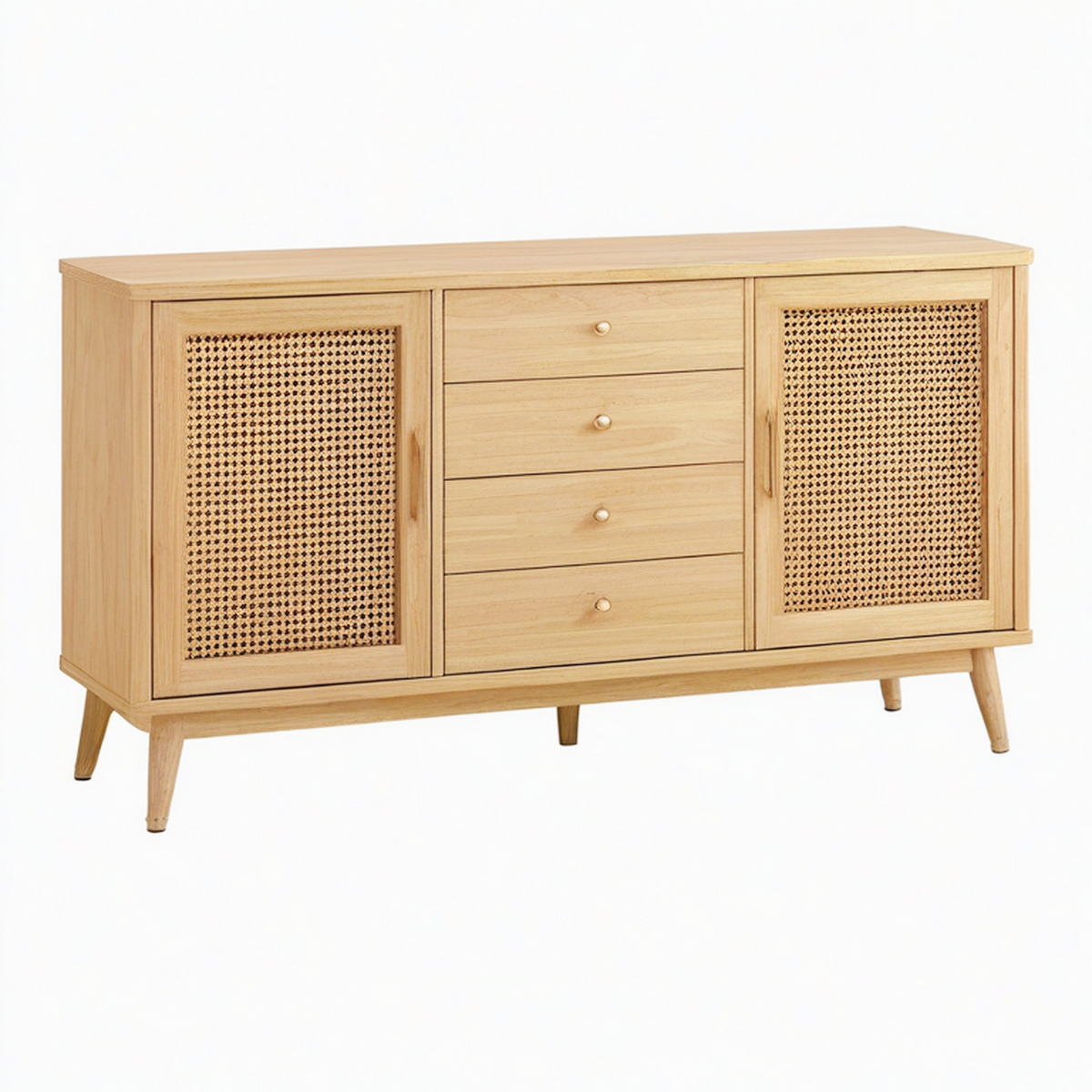 Buffet 160 x 40 x 80 cm en bois naturel et cannage pour rangement style rétro