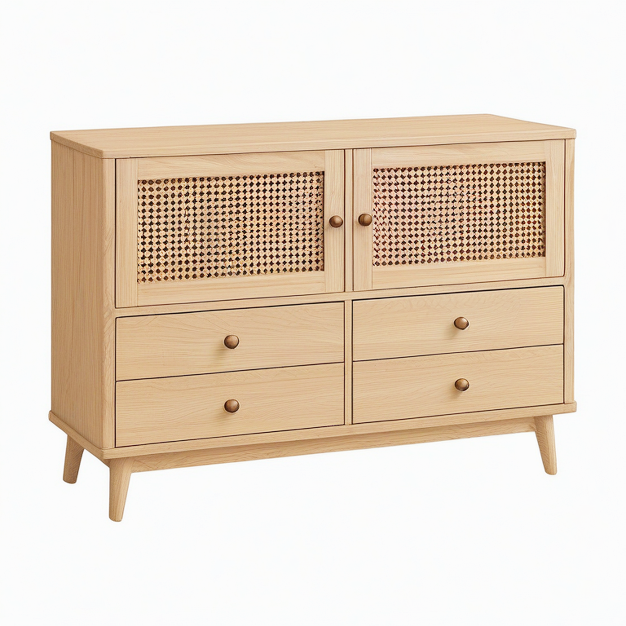 Buffet 120 x 40 x 85 cm en bois naturel et cannage avec 4 tiroirs style rétro
