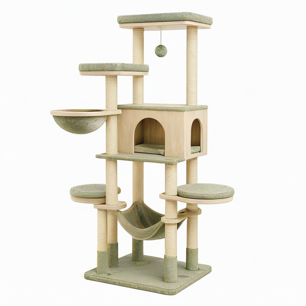 Arbre à chat 60 x 60 x 160 cm en bois sisal et tissu vert avec niche hamac et plateformes