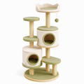 Arbre à chat diamètre 60 cm hauteur 150 cm en peluche beige et vert avec griffoirs et niches
