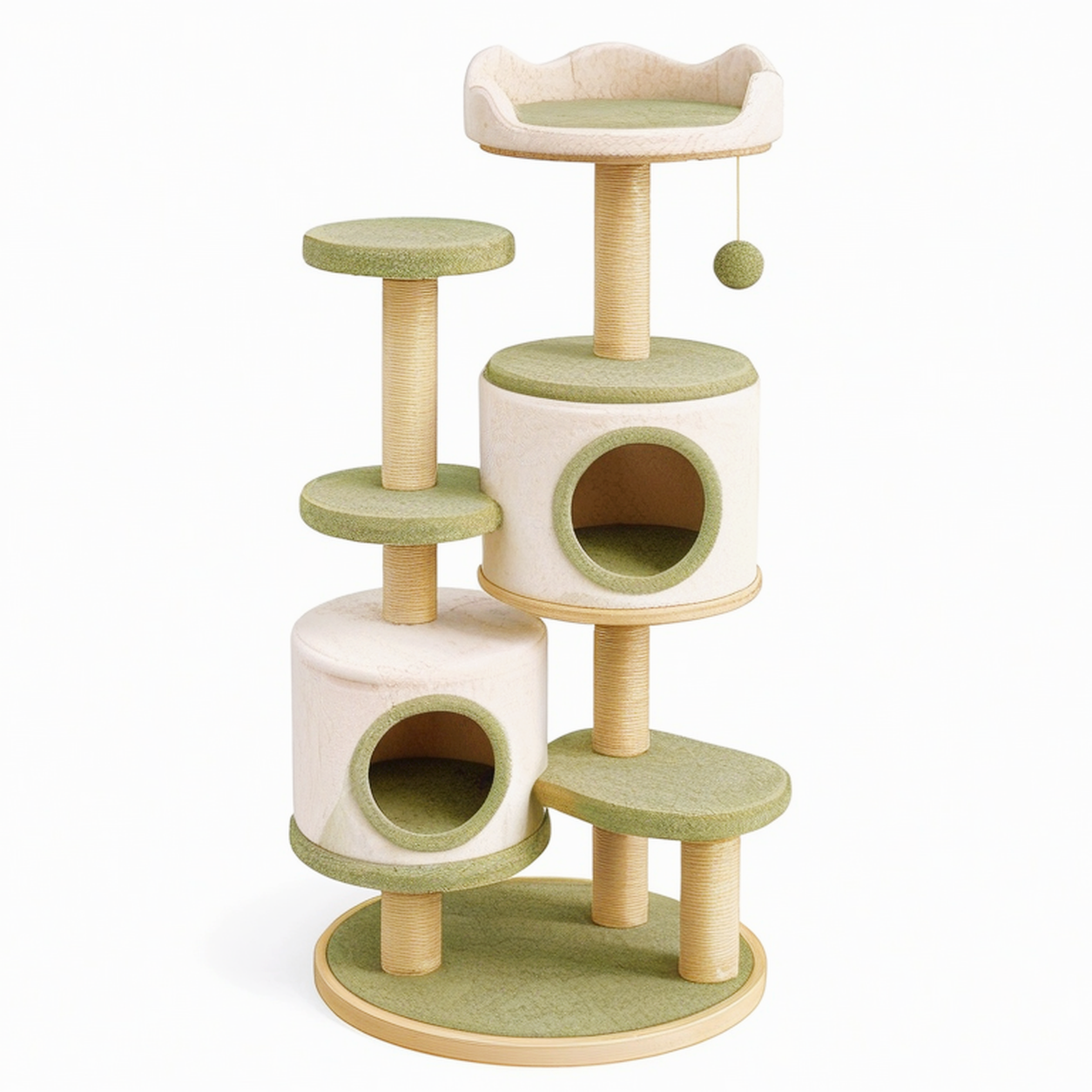 Arbre à chat diamètre 60 cm hauteur 150 cm en peluche beige et vert avec griffoirs et niches