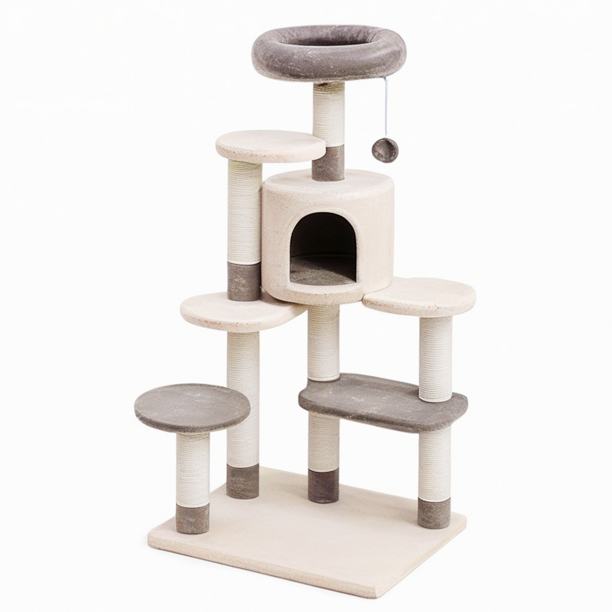 Arbre à chat 60 x 60 x 145 cm en sisal beige/gris avec niches plateformes et griffoirs