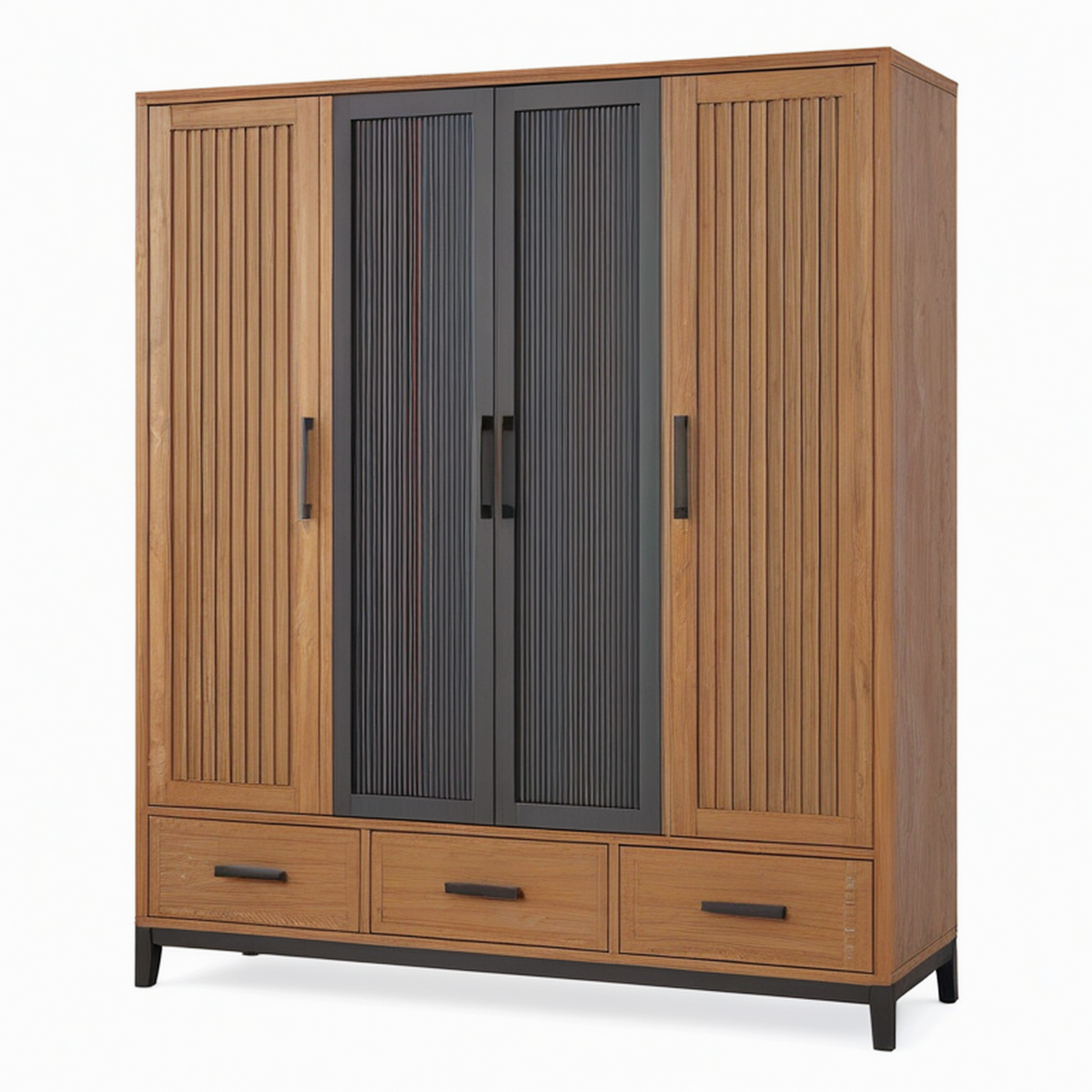 Armoire de rangement 160 x 55 x 200 cm décor bois noyer et noir à 4 portes et 3 tiroirs style contemporain