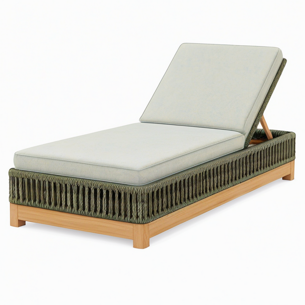 Chaise longue de jardin 200 x 80 cm en bois et corde vert sauge dossier réglable style contemporain