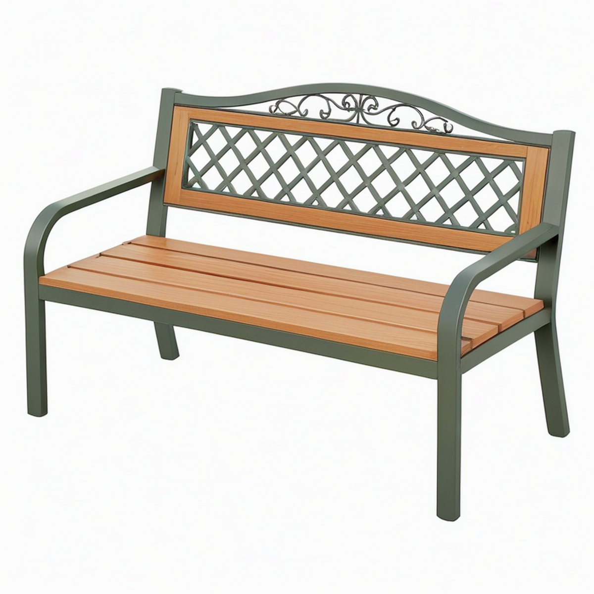 Banc de jardin 122 x 62 x 92 cm en acier vert et bois à dossier ajouré